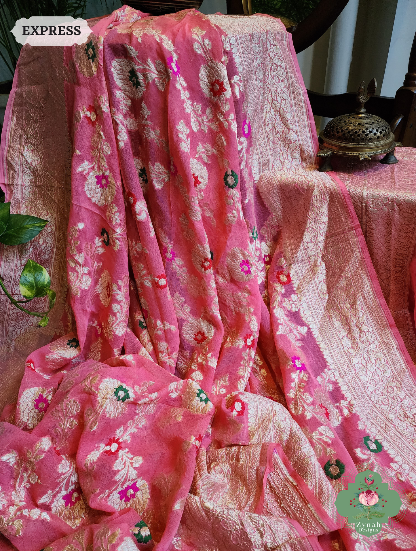 Zynah Pink Pure Khaddi Georgette Banarasi Saree With Meena Work & Zari Woven Border & Pallu; Custom Stitched/Ready-made Blouse, Fall, Petticoat; SKU: 1806202501