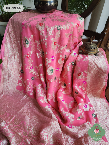 Zynah Pink Pure Khaddi Georgette Banarasi Saree With Meena Work & Zari Woven Border & Pallu; Custom Stitched/Ready-made Blouse, Fall, Petticoat; SKU: 1806202501