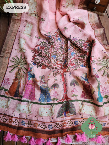 Zynah Pink Peach Organic Linen Saree With Pichwai Print; Custom Stitched/Ready-made Blouse, Fall, Petticoat; SKU: 2504202302