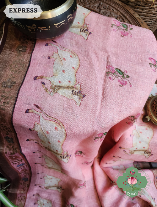 Zynah Pink Peach Organic Linen Saree With Pichwai Print; Custom Stitched/Ready-made Blouse, Fall, Petticoat; SKU: 2504202302