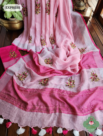 Pink Organic Linen Saree With Frenchknot Hand Embroidery 1