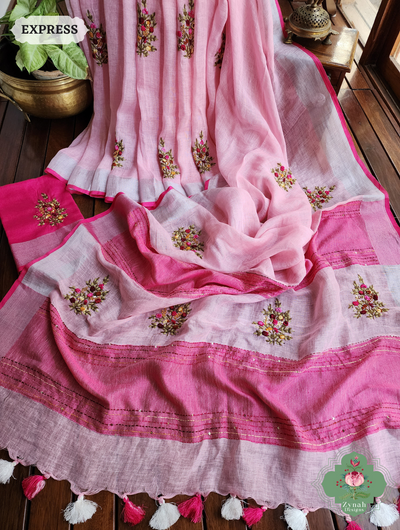 Pink Organic Linen Saree With Frenchknot Hand Embroidery 1