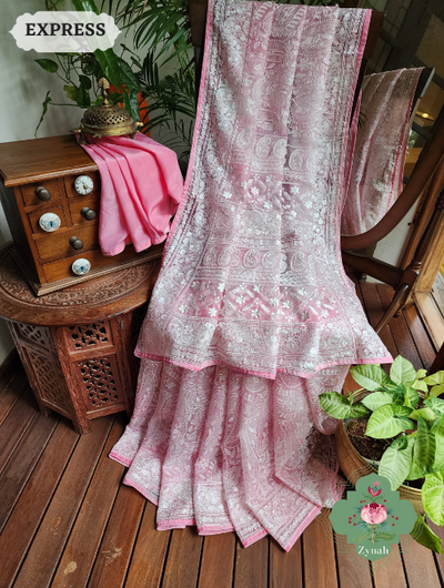 Pink Hand-Dyed Shaded Organza Chikankari Saree: Exquisite handcrafted saree with beautiful paisleys.