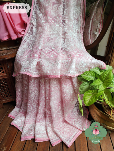 Zynah Pink Hand-Dyed Shaded Organza Chikankari Saree With Beautiful Paisleys; Custom Stitched/Ready-made Blouse, Fall, Petticoat; SKU: 2205202303