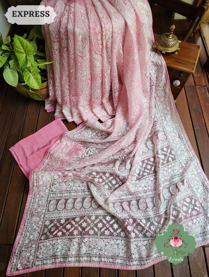 Zynah Pink Hand-Dyed Shaded Organza Chikankari Saree With Beautiful Paisleys; Custom Stitched/Ready-made Blouse, Fall, Petticoat; SKU: 2205202303