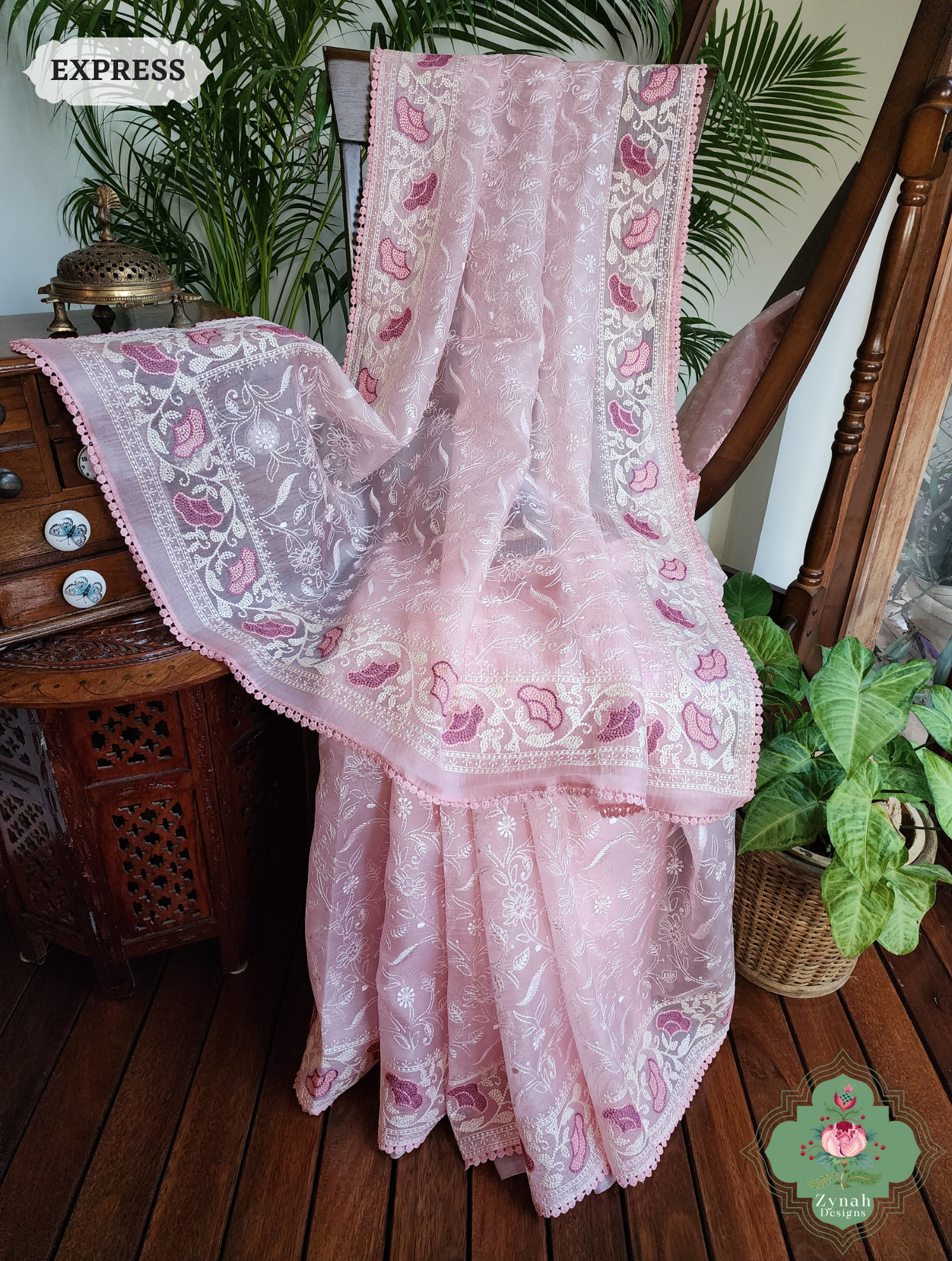 Powder Pink Organza Silk Saree With Chikankari Inspired Embroidery 1
