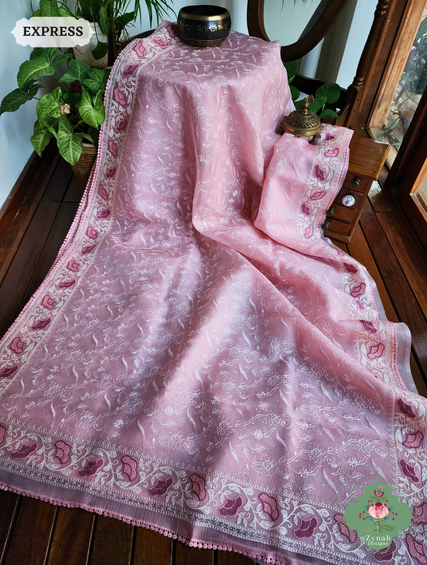 Powder Pink Organza Silk Saree With Chikankari Inspired Embroidery 4