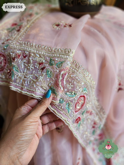 Zynah Pink Organza Silk Saree With Thread Embroidery & Hand Embellished With Sequins, Pearls & Cutdana Beads; Custom Stitched/Ready-made Blouse, Fall, Petticoat; SKU: 1203202502