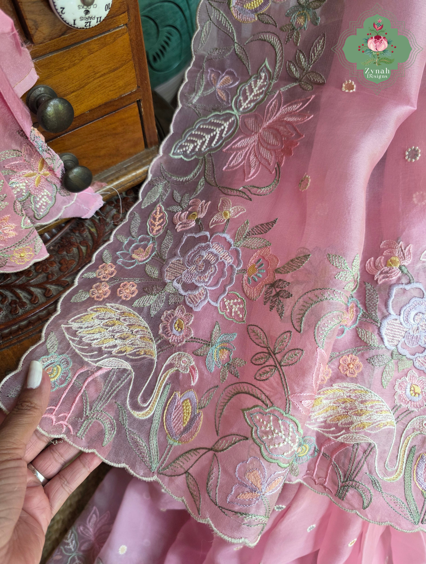 Seher Pink Organza Silk Saree With Designer Crane & Floral Embroidery