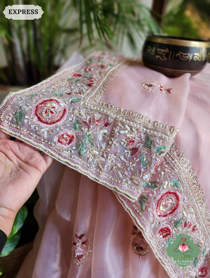 Zynah Pink Organza Silk Saree With Thread Embroidery & Hand Embellished With Sequins, Pearls & Cutdana Beads; Custom Stitched/Ready-made Blouse, Fall, Petticoat; SKU: 1203202502