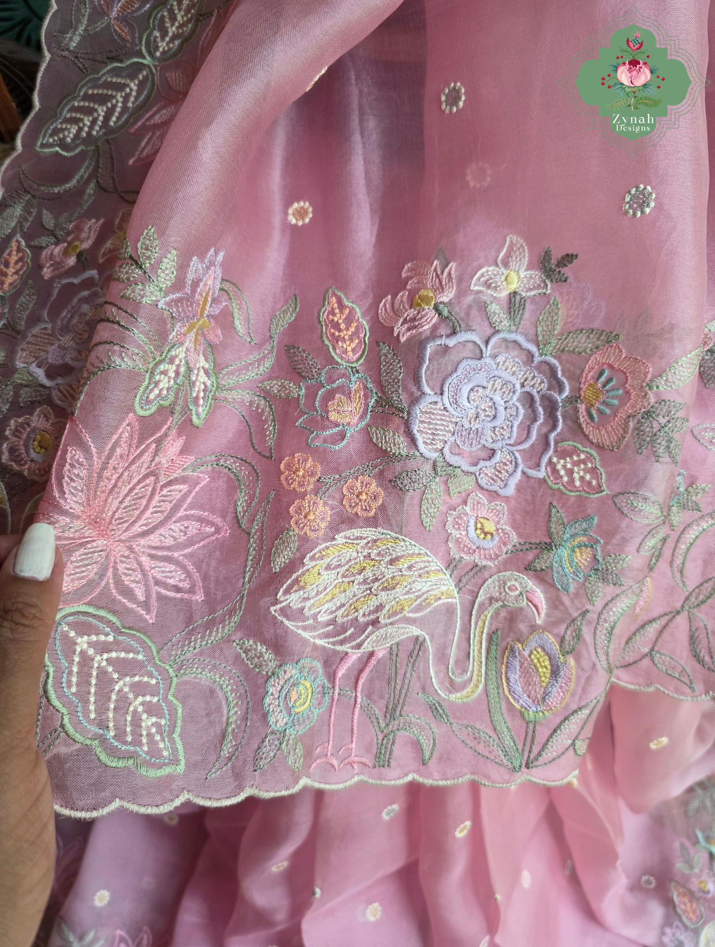 Seher Pink Organza Silk Saree With Designer Crane & Floral Embroidery
