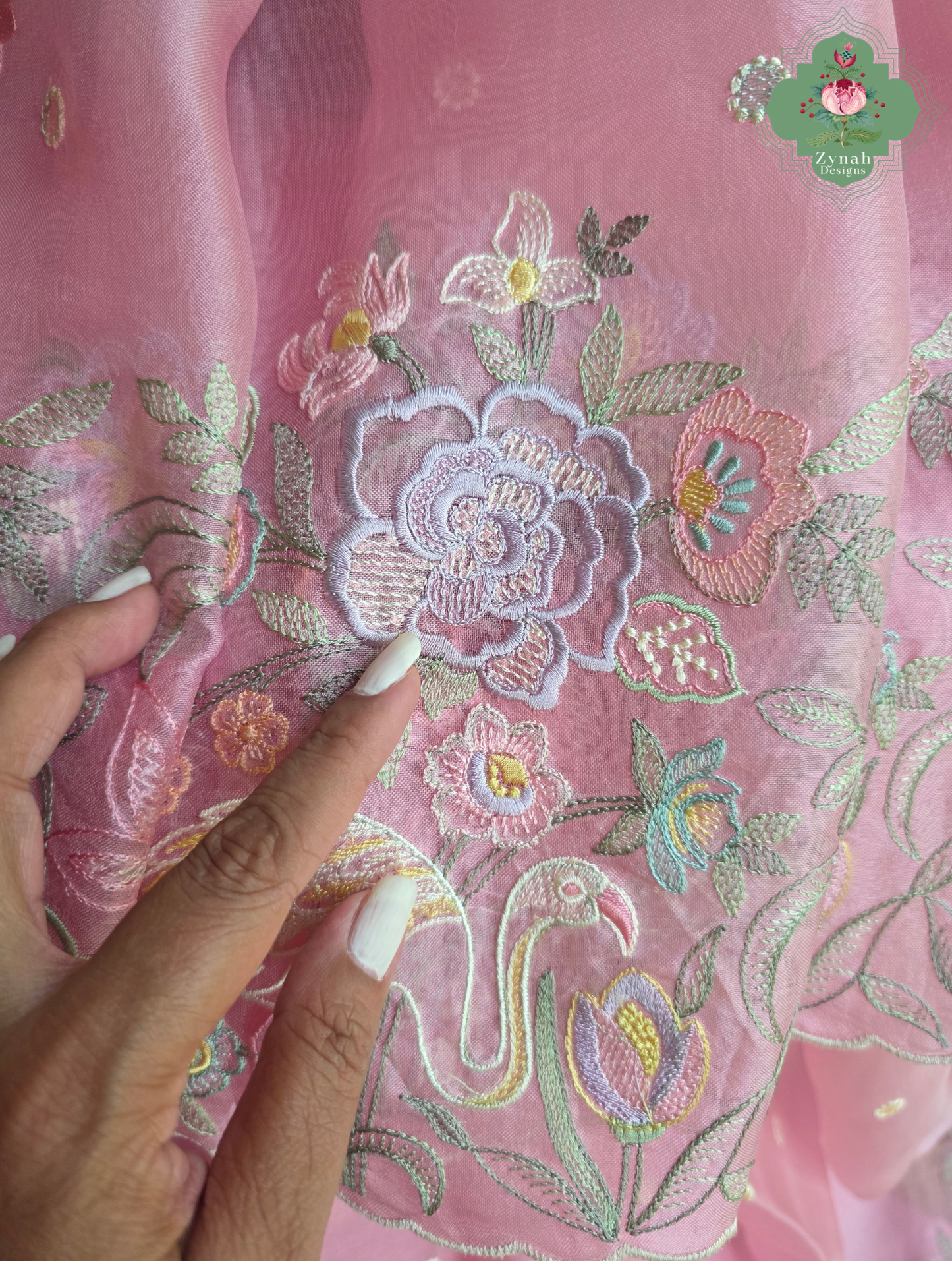 Seher Pink Organza Silk Saree With Designer Crane & Floral Embroidery