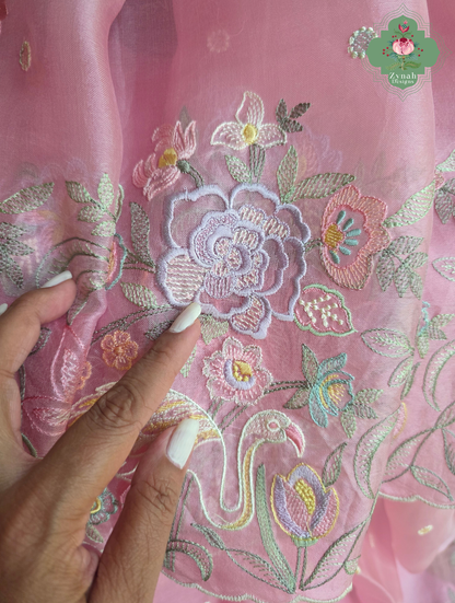 Seher Pink Organza Silk Saree With Designer Crane & Floral Embroidery