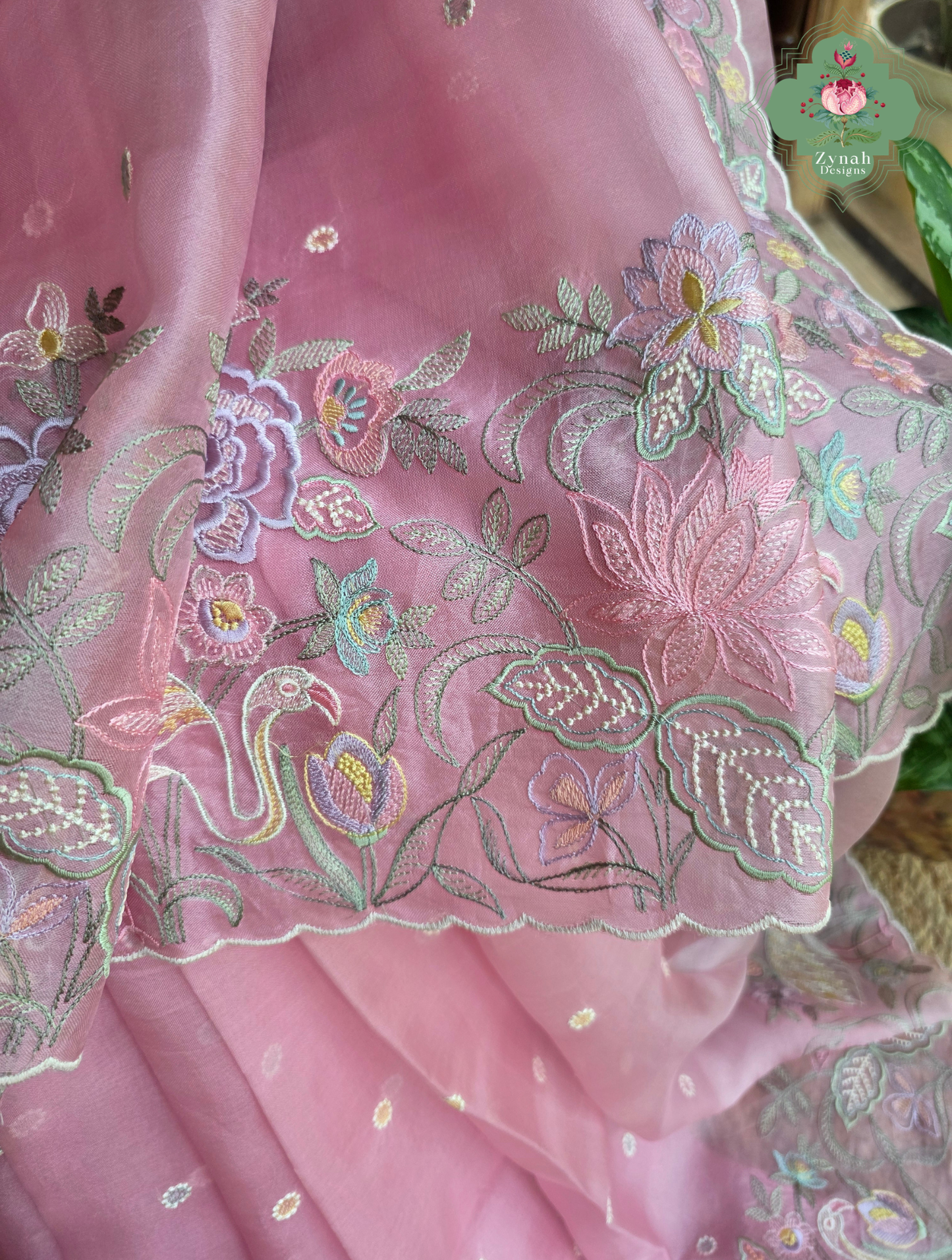 Seher Pink Organza Silk Saree With Designer Crane & Floral Embroidery