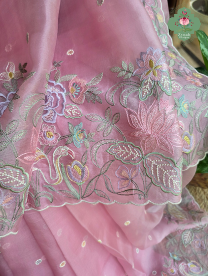 Seher Pink Organza Silk Saree With Designer Crane & Floral Embroidery