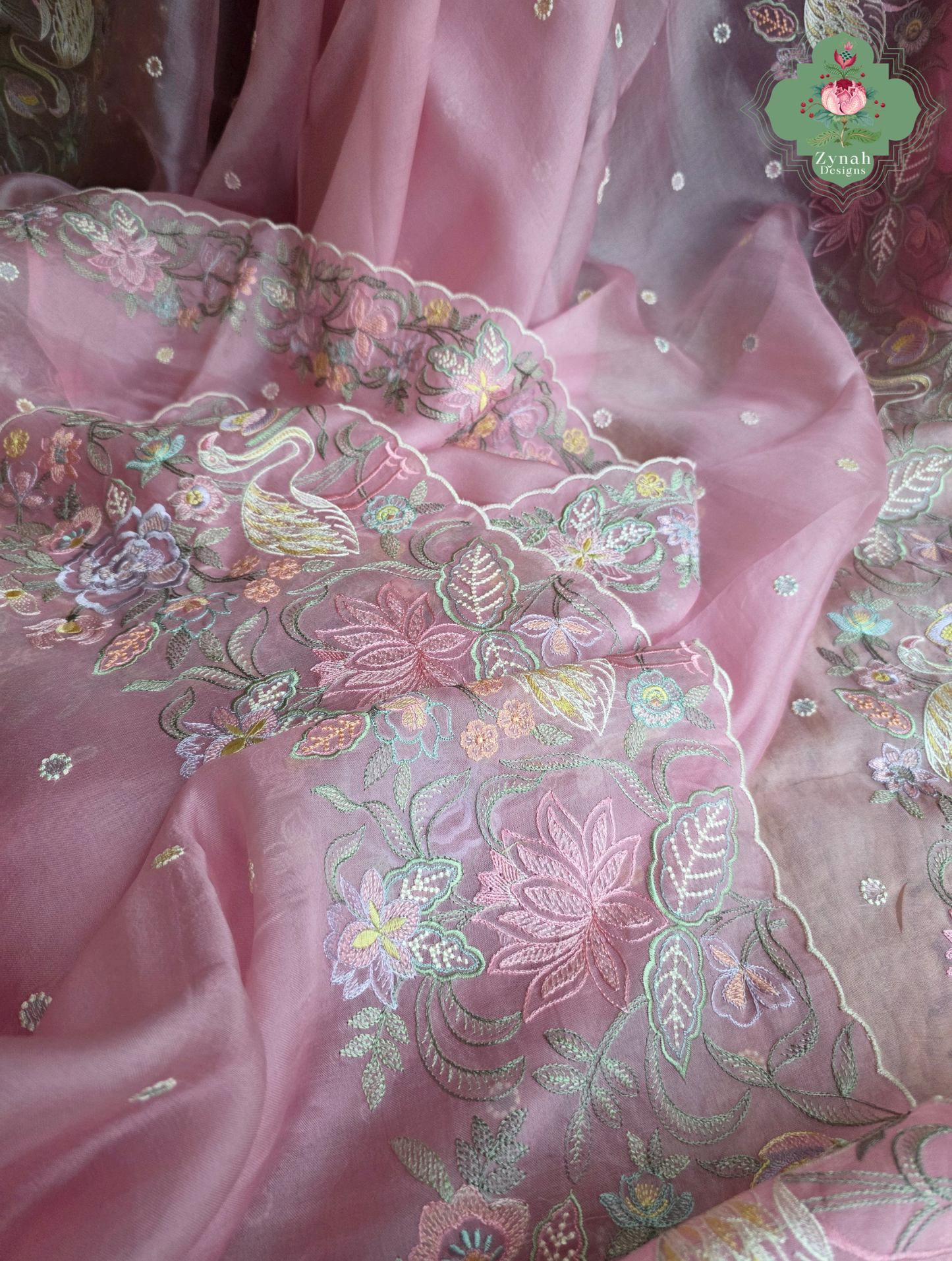 Seher Pink Organza Silk Saree With Designer Crane & Floral Embroidery