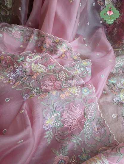 Seher Pink Organza Silk Saree With Designer Crane & Floral Embroidery