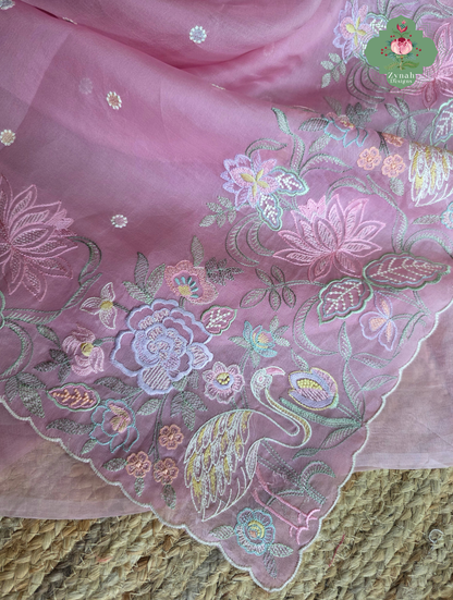 Seher Pink Organza Silk Saree With Designer Crane & Floral Embroidery