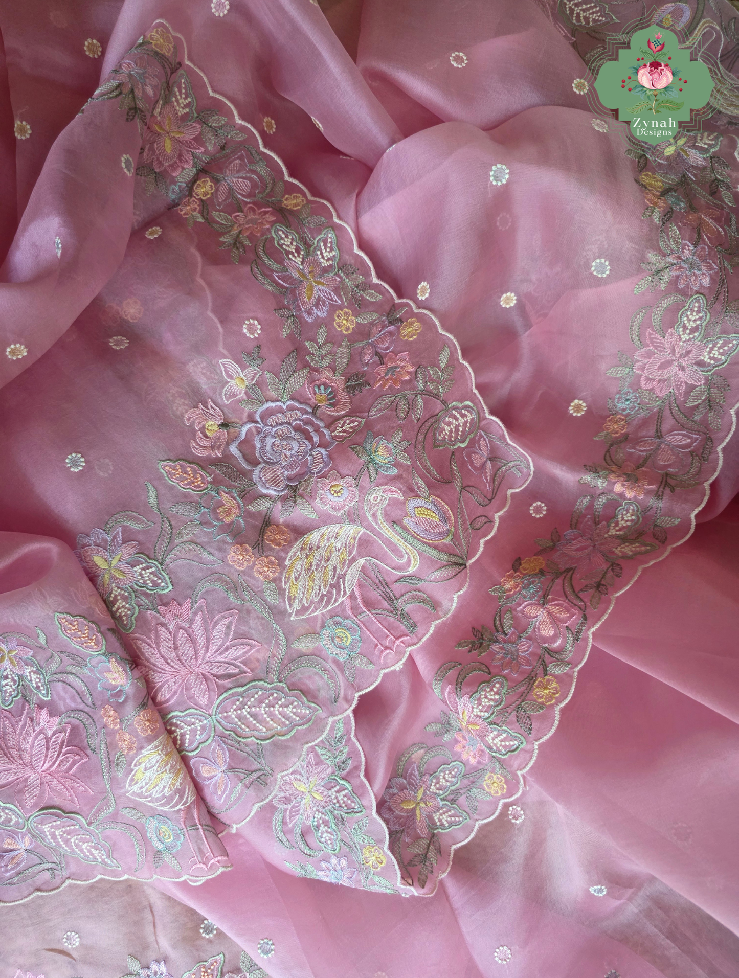 Seher Pink Organza Silk Saree With Designer Crane & Floral Embroidery