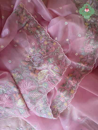 Seher Pink Organza Silk Saree With Designer Crane & Floral Embroidery