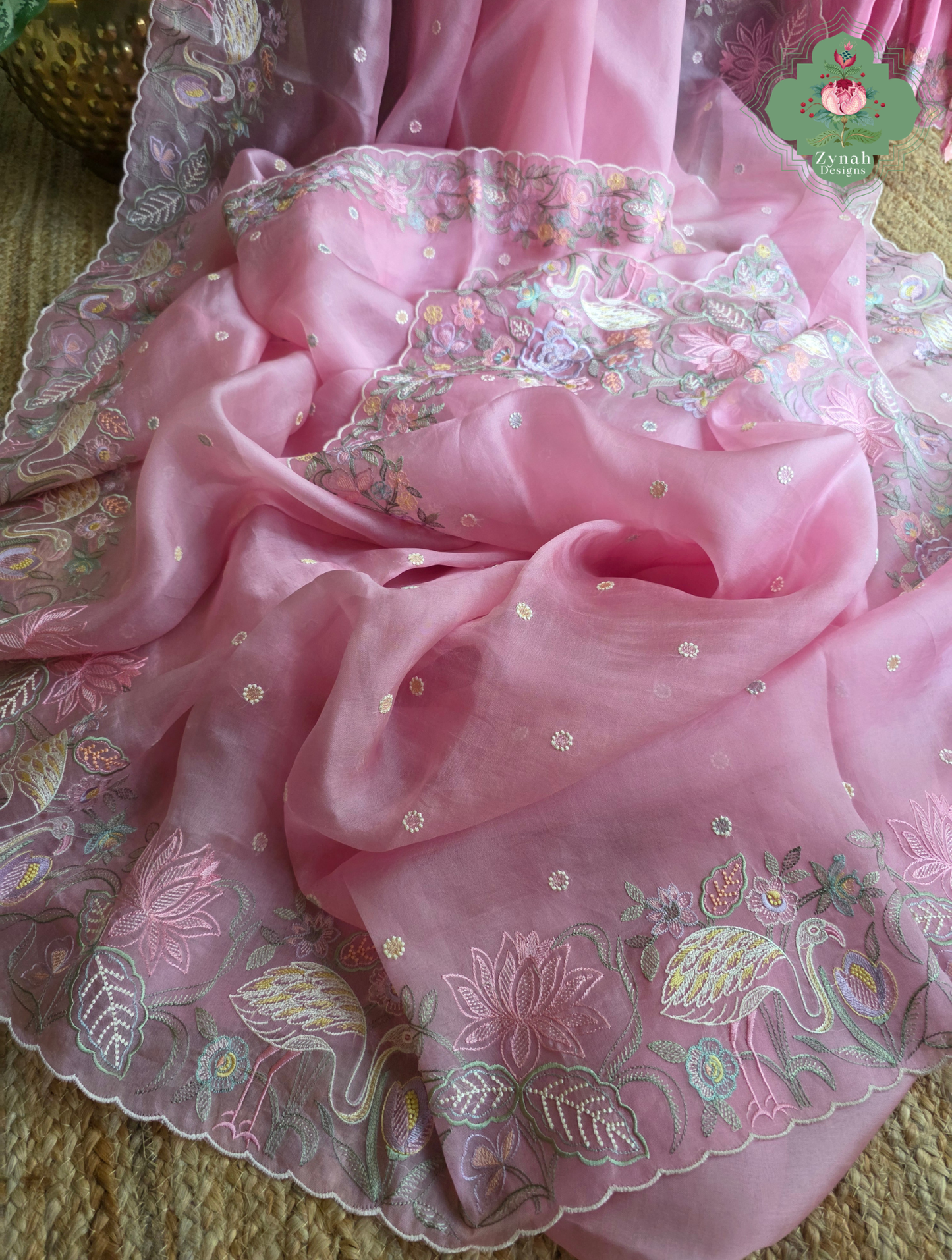 Seher Pink Organza Silk Saree With Designer Crane & Floral Embroidery