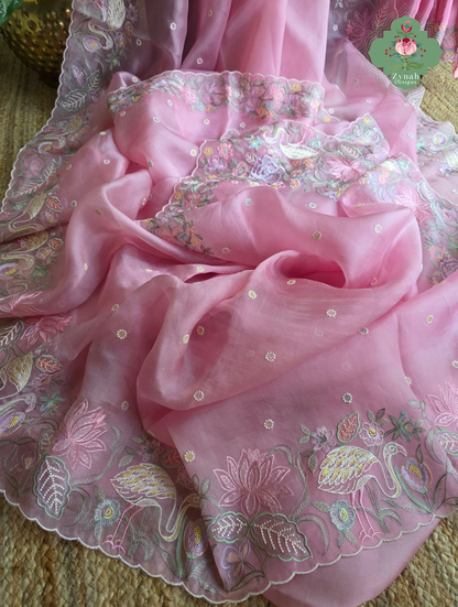Seher Pink Organza Silk Saree With Designer Crane & Floral Embroidery