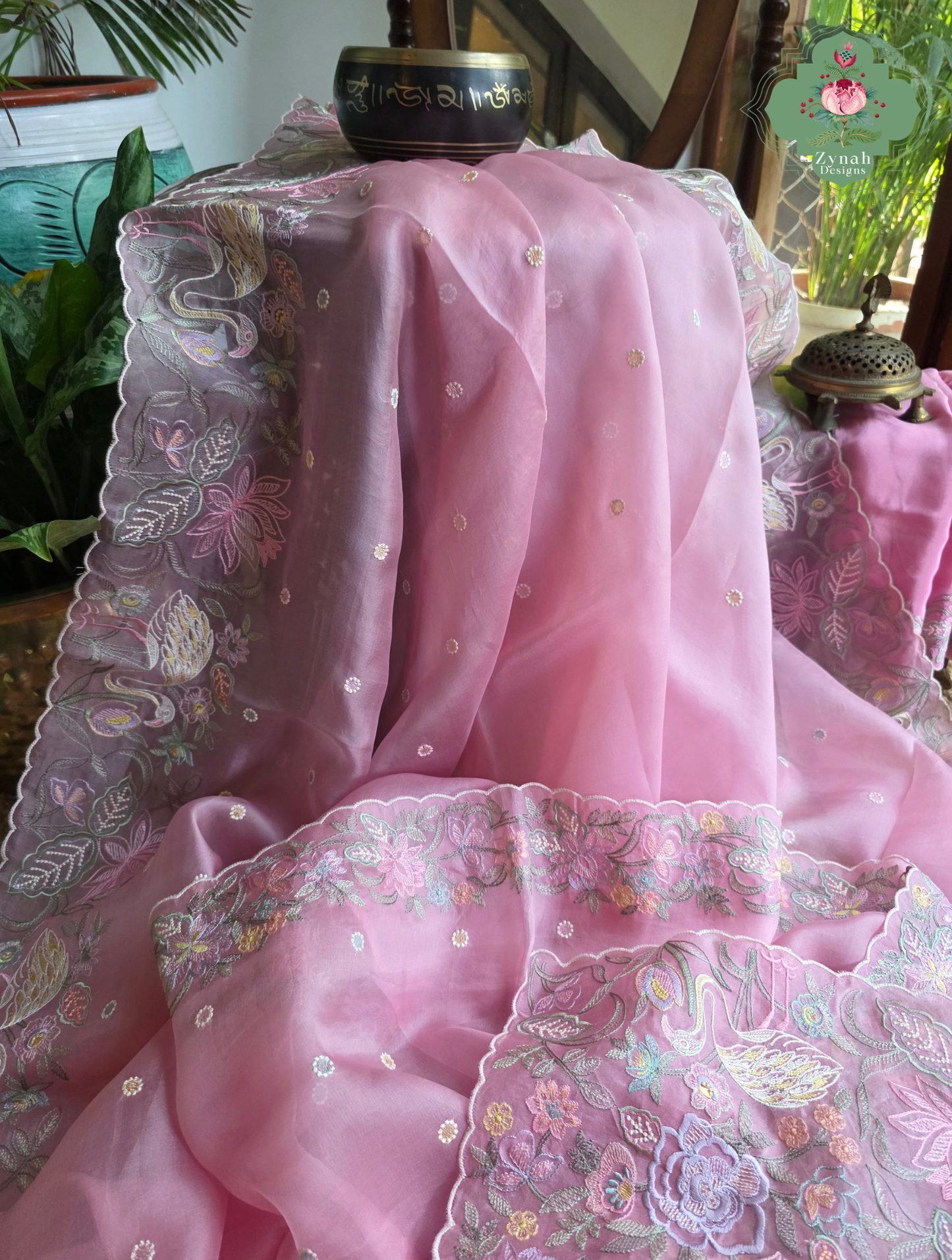 Seher Pink Organza Silk Saree With Designer Crane & Floral Embroidery