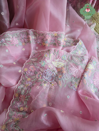 Seher Pink Organza Silk Saree With Designer Crane & Floral Embroidery