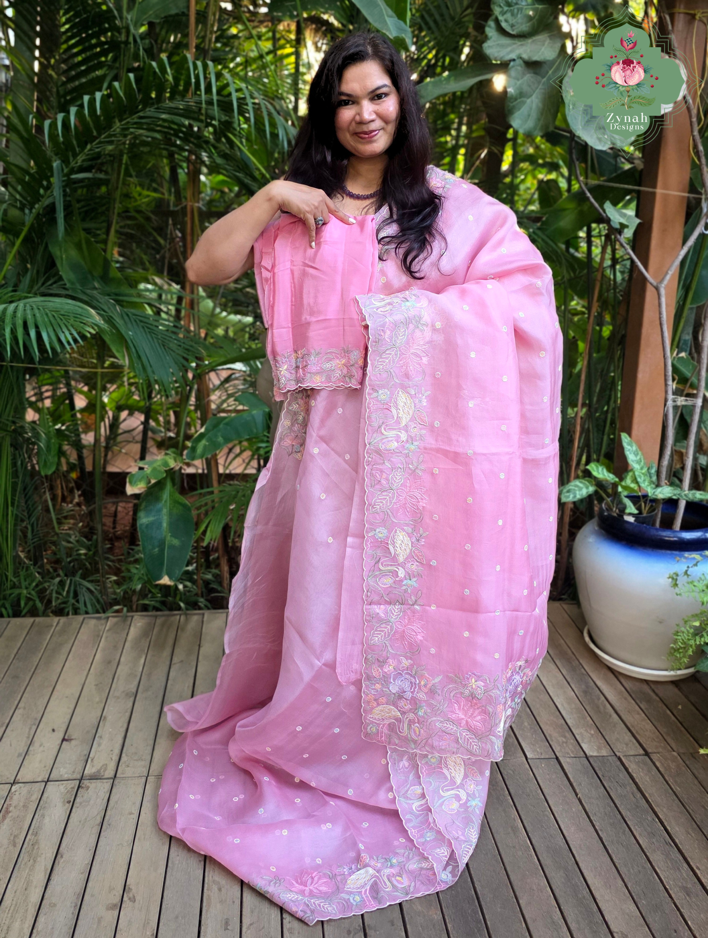 Seher Pink Organza Silk Saree With Designer Crane & Floral Embroidery