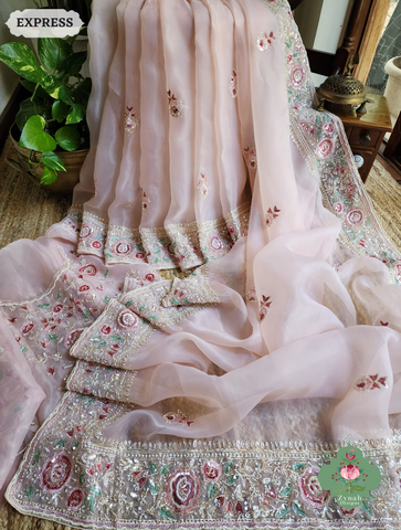 Zynah Pink Organza Silk Saree With Thread Embroidery & Hand Embellished With Sequins, Pearls & Cutdana Beads; Custom Stitched/Ready-made Blouse, Fall, Petticoat; SKU: 1203202502