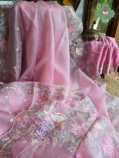 Seher Pink Organza Silk Saree With Designer Crane & Floral Embroidery
