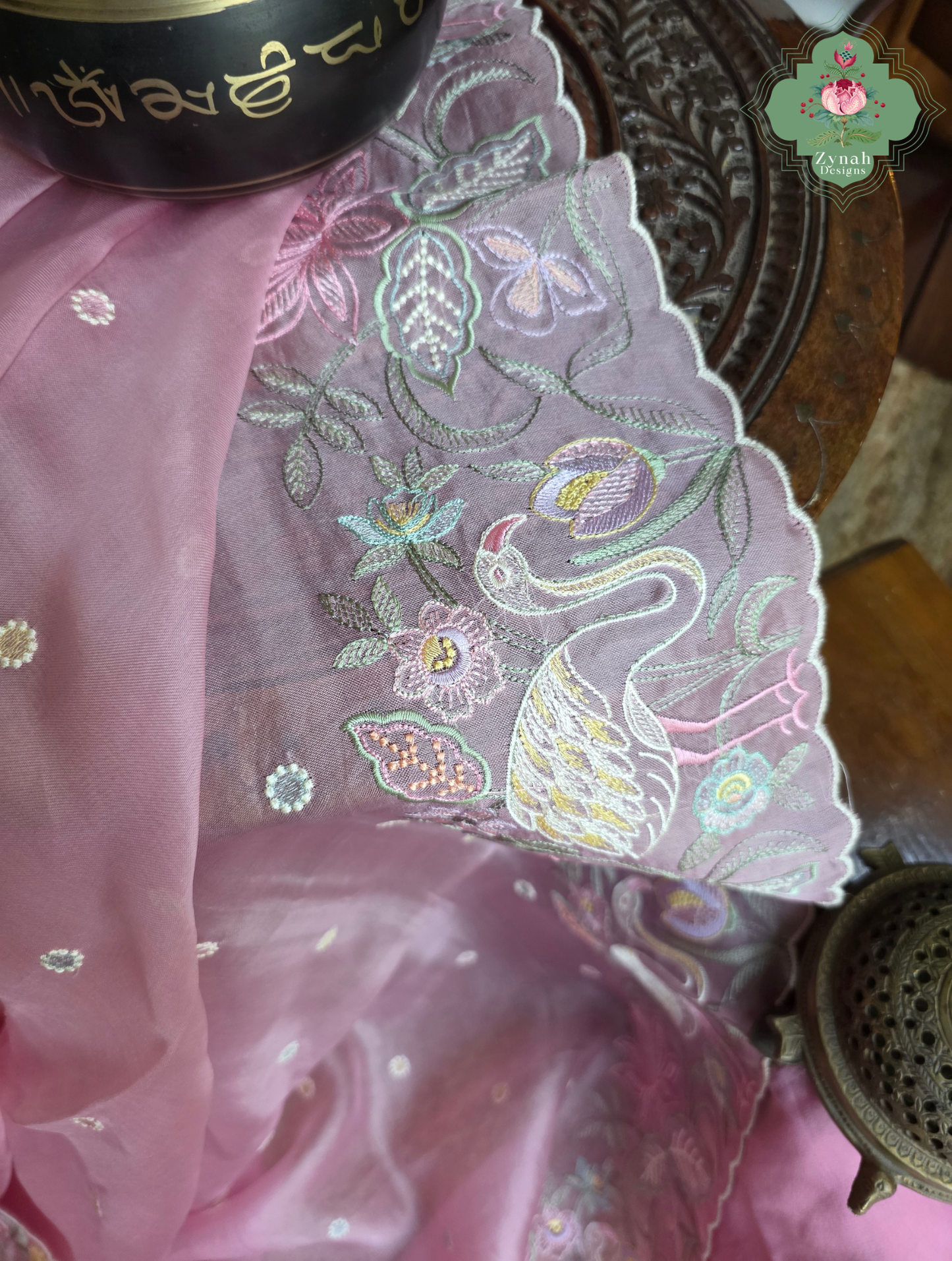 Seher Pink Organza Silk Saree With Designer Crane & Floral Embroidery