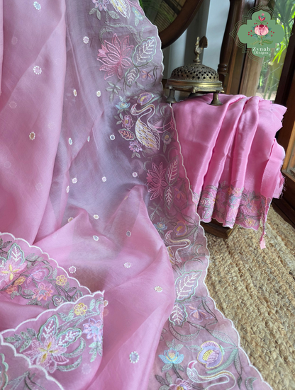 Seher Pink Organza Silk Saree With Designer Crane & Floral Embroidery