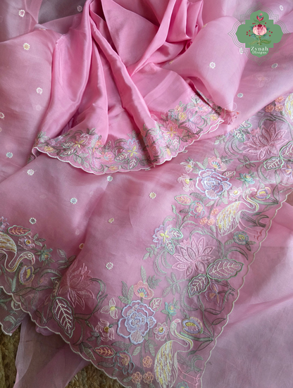 Seher Pink Organza Silk Saree With Designer Crane & Floral Embroidery