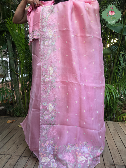 Seher Pink Organza Silk Saree With Designer Crane & Floral Embroidery