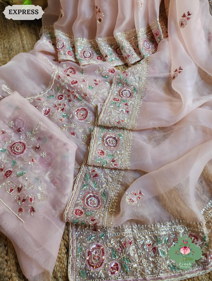 Zynah Pink Organza Silk Saree With Thread Embroidery & Hand Embellished With Sequins, Pearls & Cutdana Beads; Custom Stitched/Ready-made Blouse, Fall, Petticoat; SKU: 1203202502