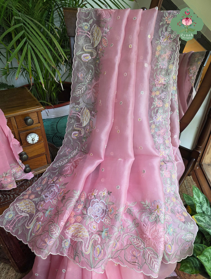 Seher Pink Organza Silk Saree With Designer Crane & Floral Embroidery