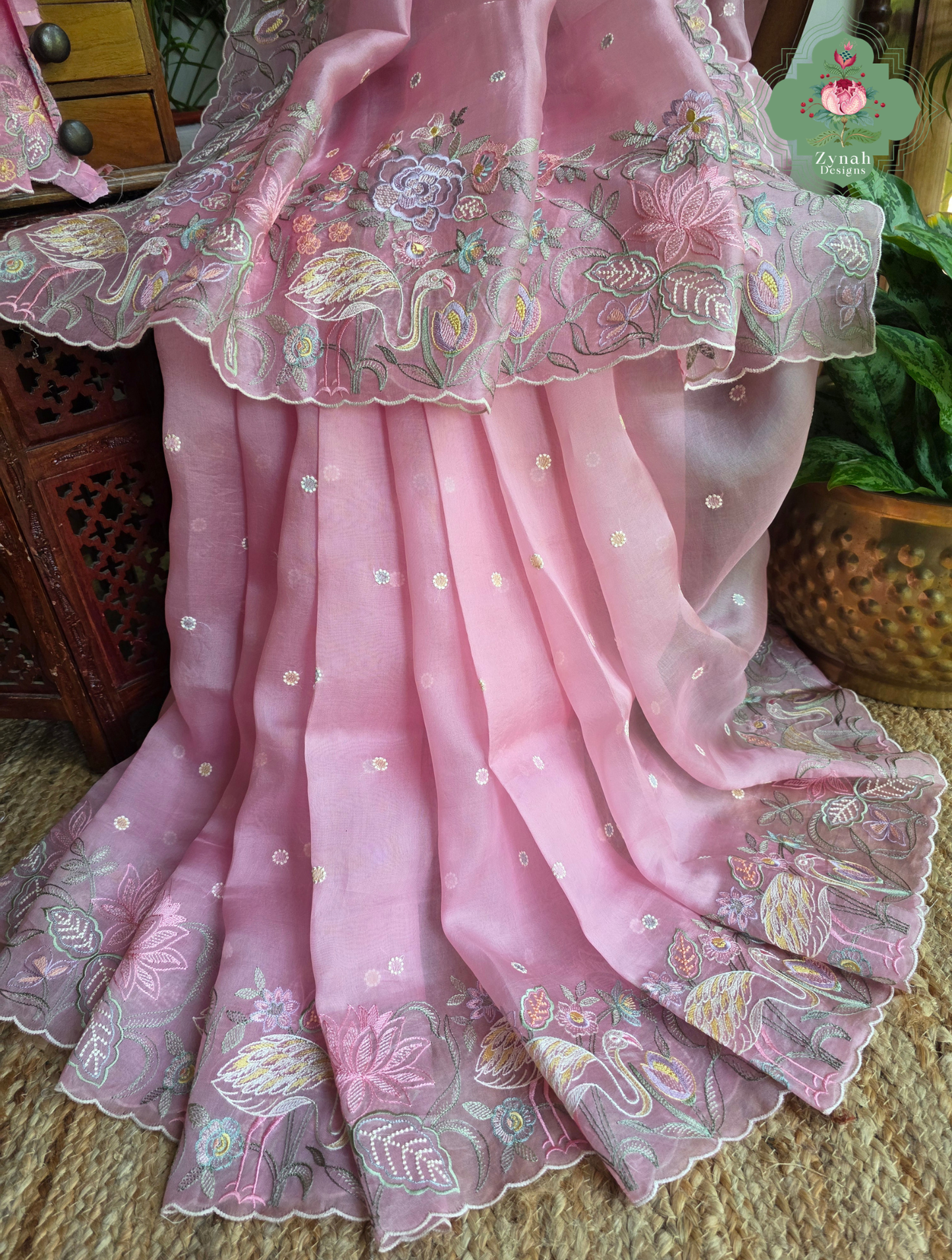 Seher Pink Organza Silk Saree With Designer Crane & Floral Embroidery