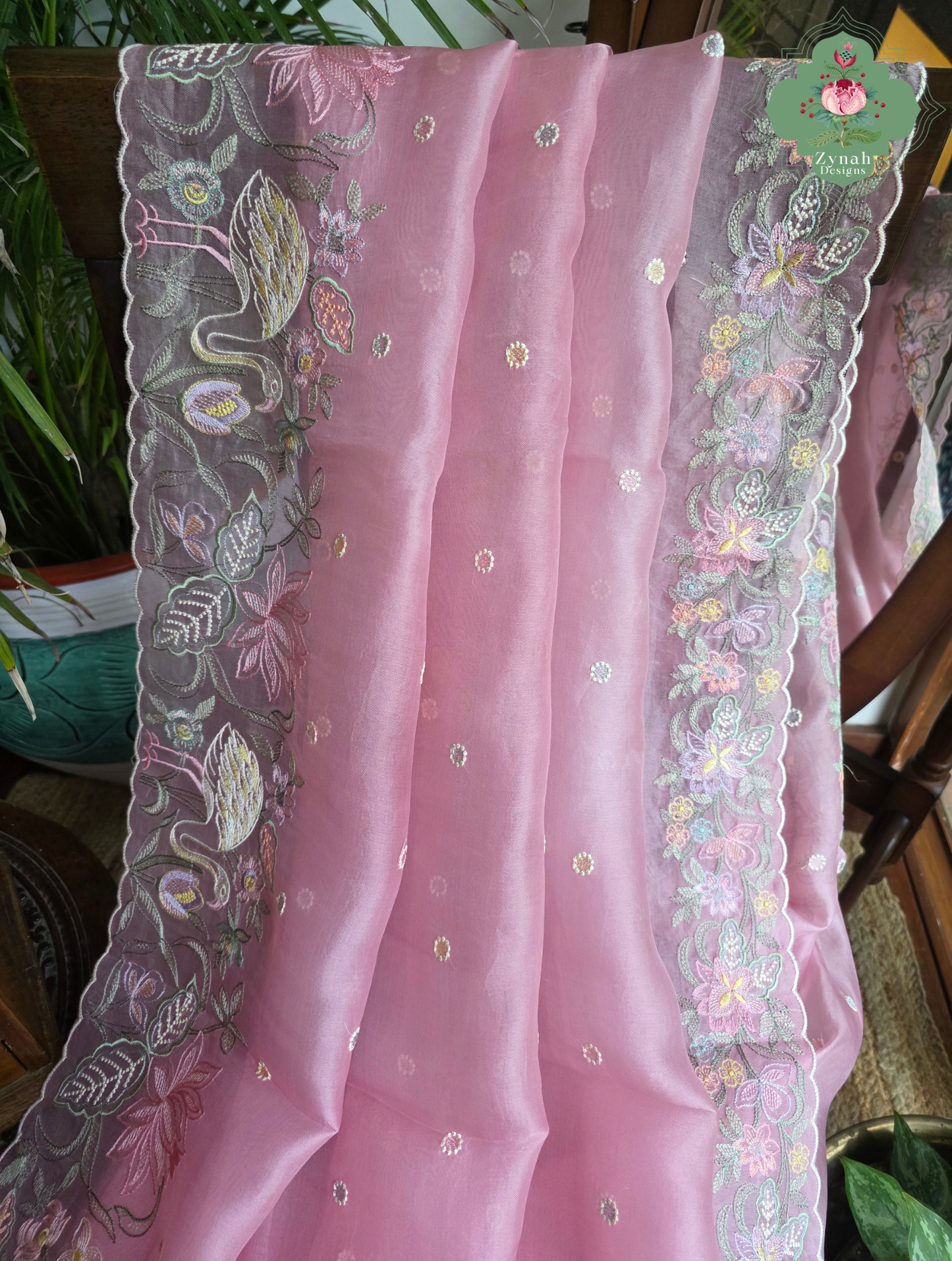 Seher Pink Organza Silk Saree With Designer Crane & Floral Embroidery