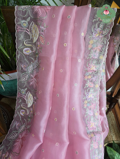 Seher Pink Organza Silk Saree With Designer Crane & Floral Embroidery