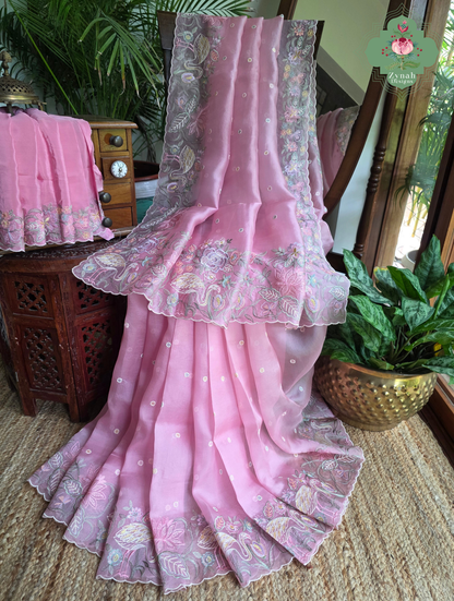 Seher Pink Organza Silk Saree With Designer Crane & Floral Embroidery