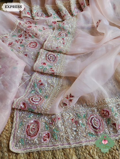 Zynah Pink Organza Silk Saree With Thread Embroidery & Hand Embellished With Sequins, Pearls & Cutdana Beads; Custom Stitched/Ready-made Blouse, Fall, Petticoat; SKU: 1203202502