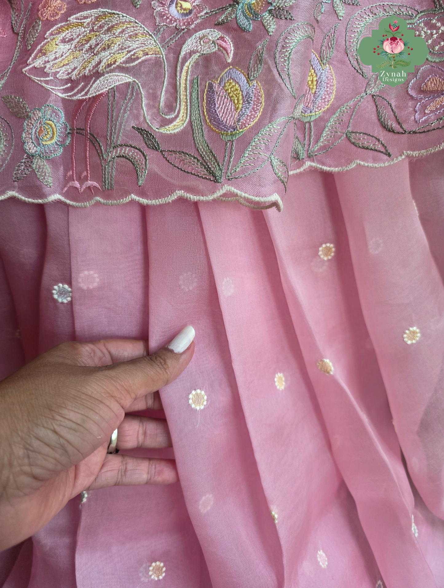 Seher Pink Organza Silk Saree With Designer Crane & Floral Embroidery