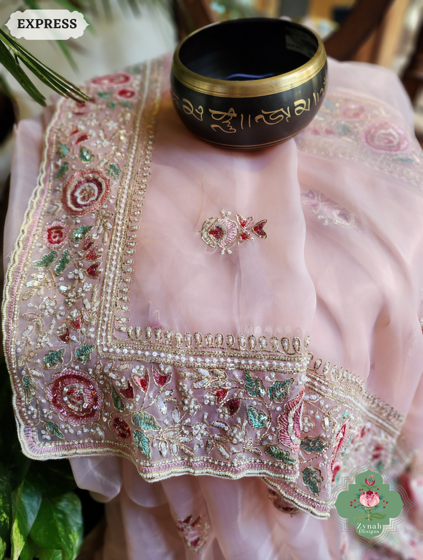 Zynah Pink Organza Silk Saree With Thread Embroidery & Hand Embellished With Sequins, Pearls & Cutdana Beads; Custom Stitched/Ready-made Blouse, Fall, Petticoat; SKU: 1203202502