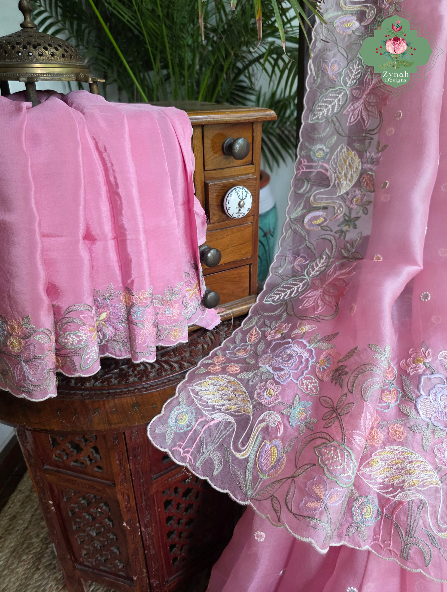 Seher Pink Organza Silk Saree With Designer Crane & Floral Embroidery
