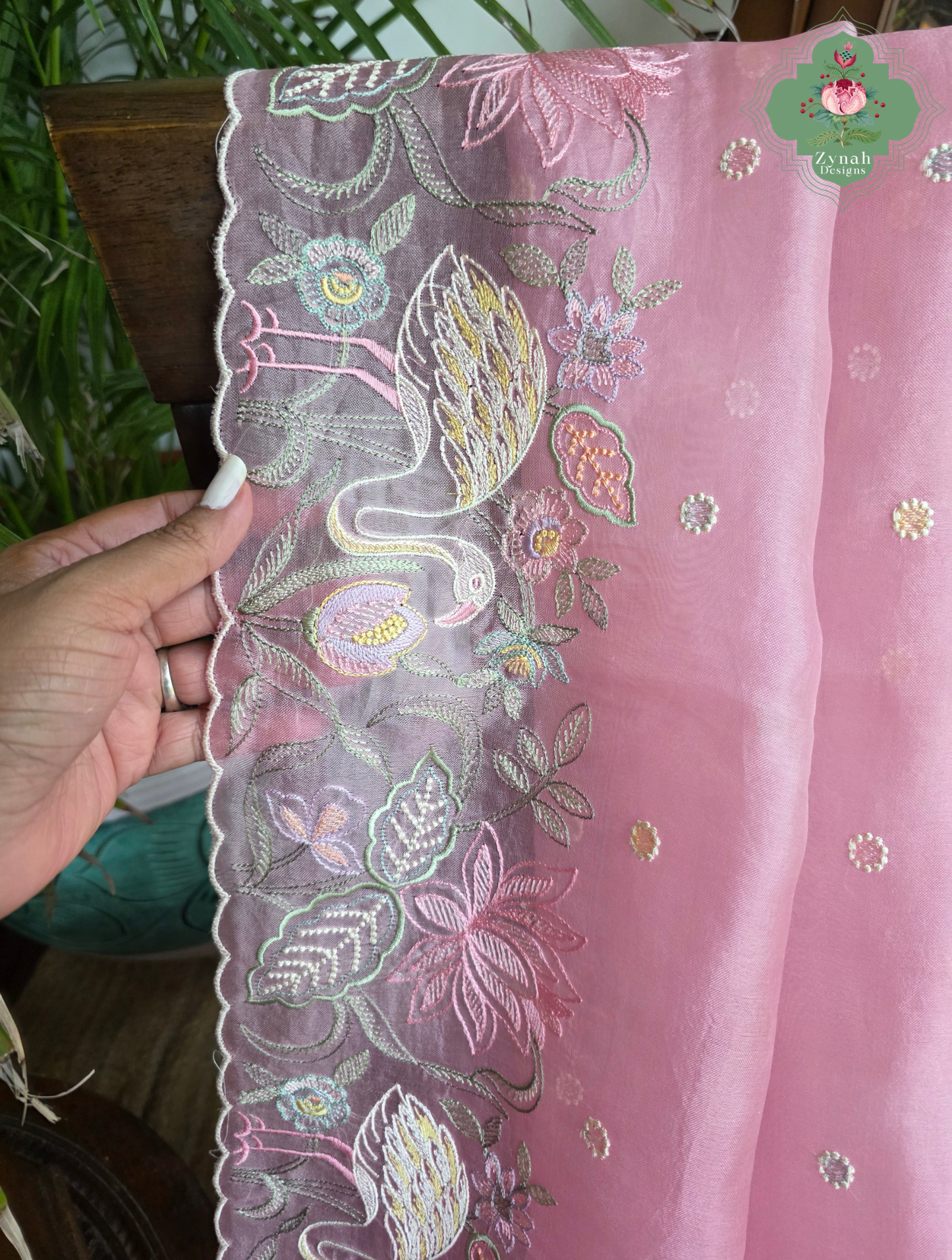Seher Pink Organza Silk Saree With Designer Crane & Floral Embroidery