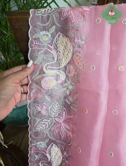 Seher Pink Organza Silk Saree With Designer Crane & Floral Embroidery