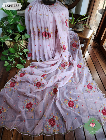 Zynah Pink Organza Silk Saree Featuring Cross-Stitch Embroidered Roses & Scalloped Border Hand Embellished With Cutdana; Custom Stitched/Ready-made Blouse, Fall, Petticoat; SKU: 1112202401