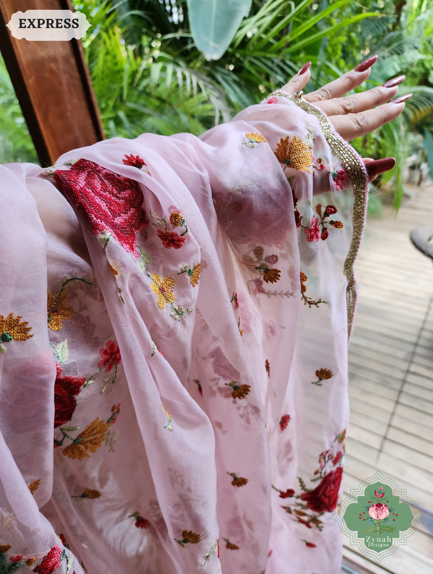 Zynah Pink Organza Silk Saree Featuring Cross-Stitch Embroidered Roses & Scalloped Border Hand Embellished With Cutdana; Custom Stitched/Ready-made Blouse, Fall, Petticoat; SKU: 1112202401