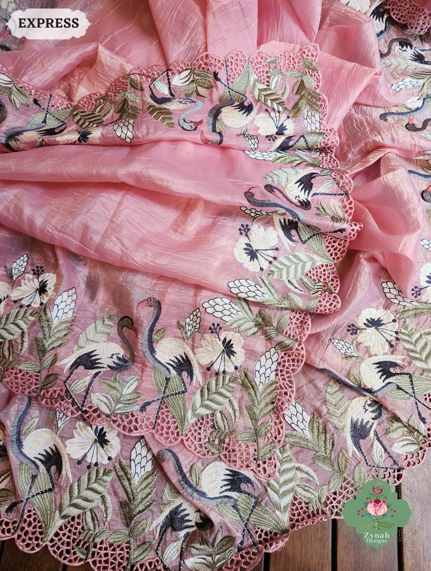 Zynah Pink Organza Tissue Saree With Exquisite Crane Embroidery & Cutwork Scalloped Border; Custom Stitched/Ready-made Blouse, Fall, Petticoat; SKU: 0410202502